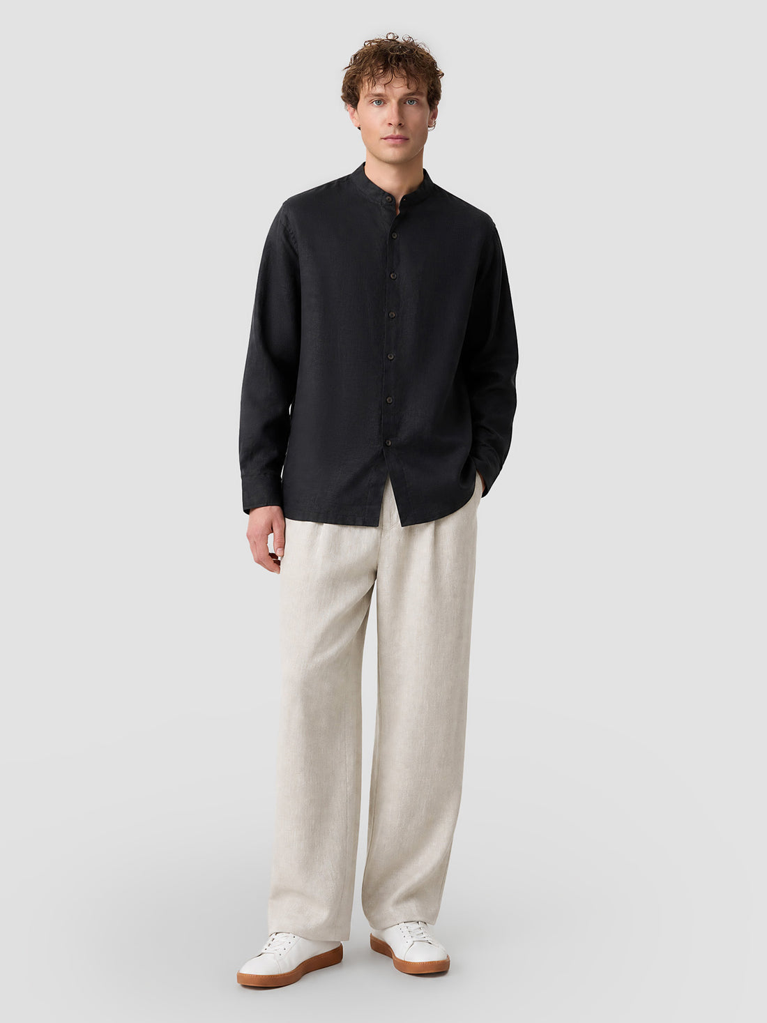 Leisure 100% Linen Stand Collar Long-Sleeve Shirt