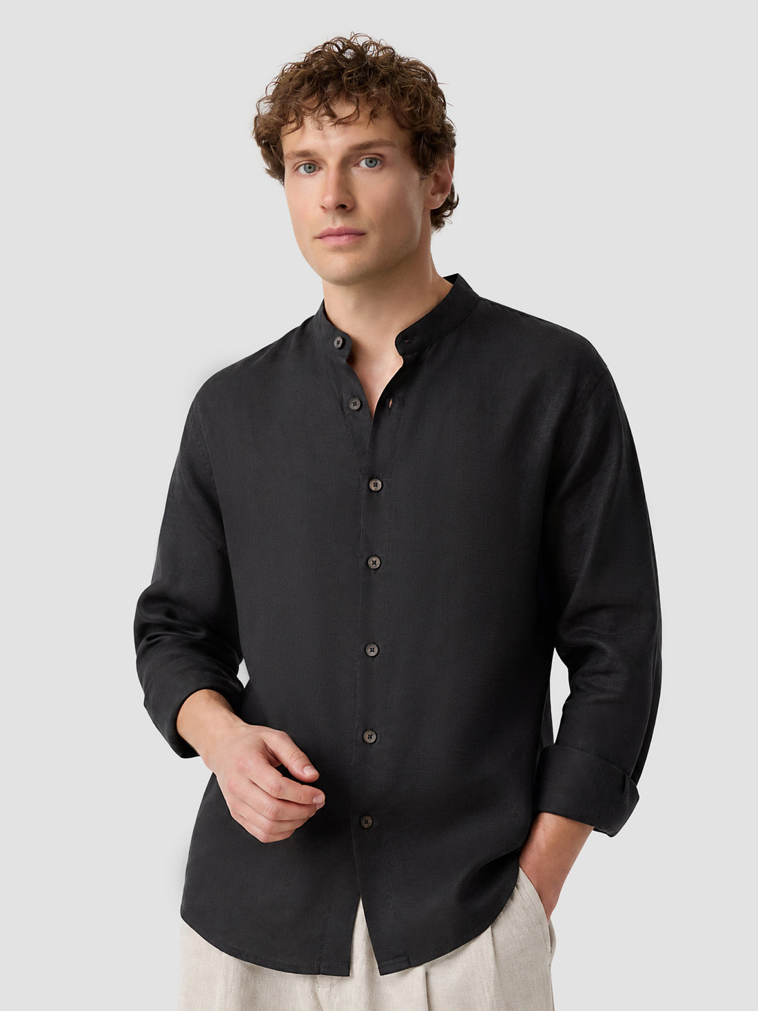 Leisure 100% Linen Stand Collar Long-Sleeve Shirt